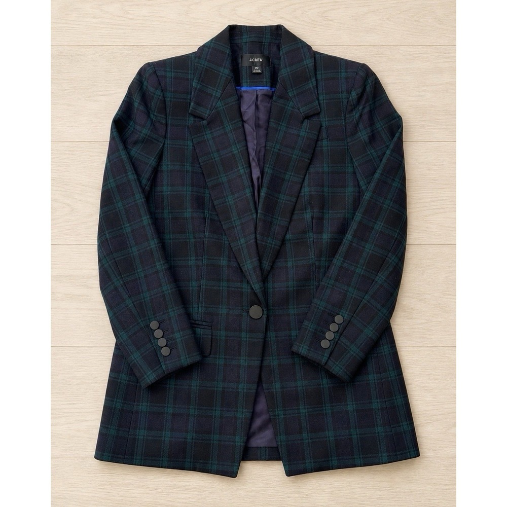 J.Crew Willa Blazer 00 Black Watch Tartan Plaid Bi-Stretch Wool Tailored Jacket